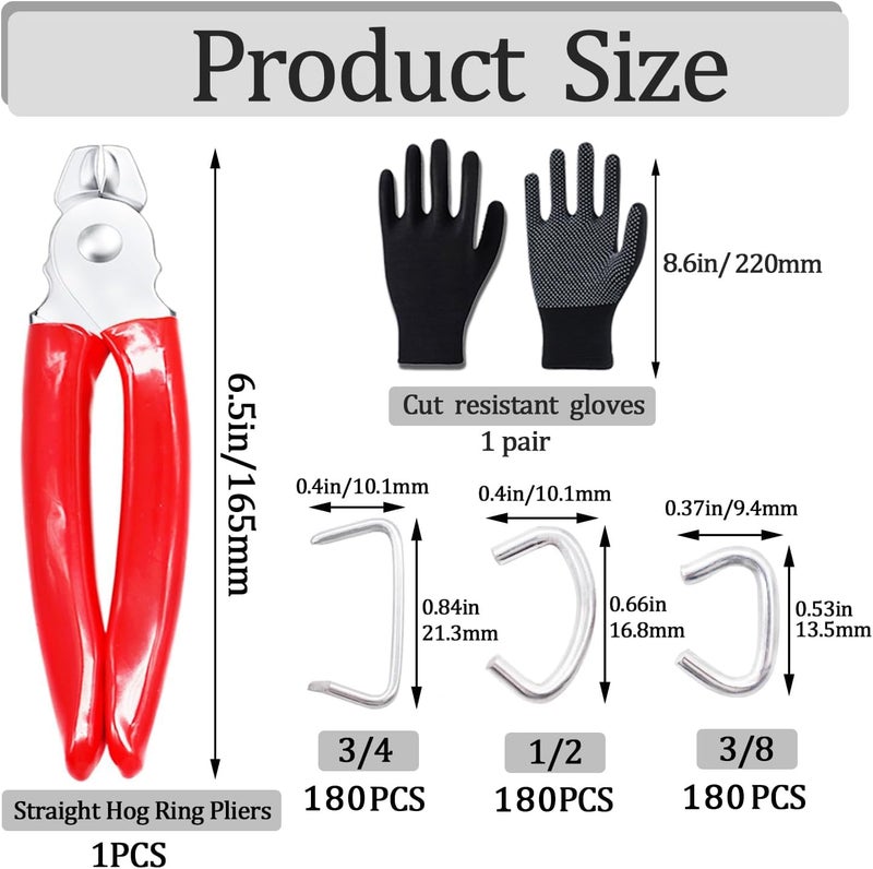 Ruibapa 540 pcs Hog Rings with Straight Hog Ring Pliers Kit 3/4" 1/2" 3/8 "Galvanized Hog Rings for Animal Pet Cages、Ropes、Bagging、DIY Craft、Furniture - Image 2