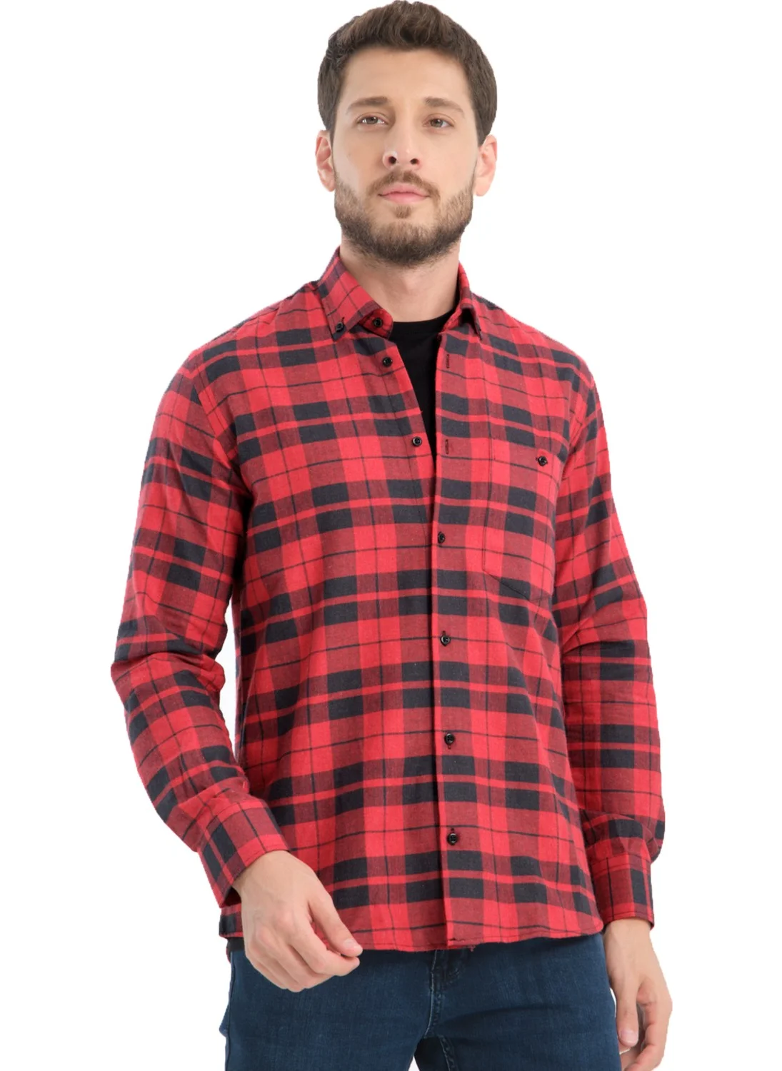 فاريتا Men's Dark Red Checkered Winter Woolen Pocket Wide Cut Shirt