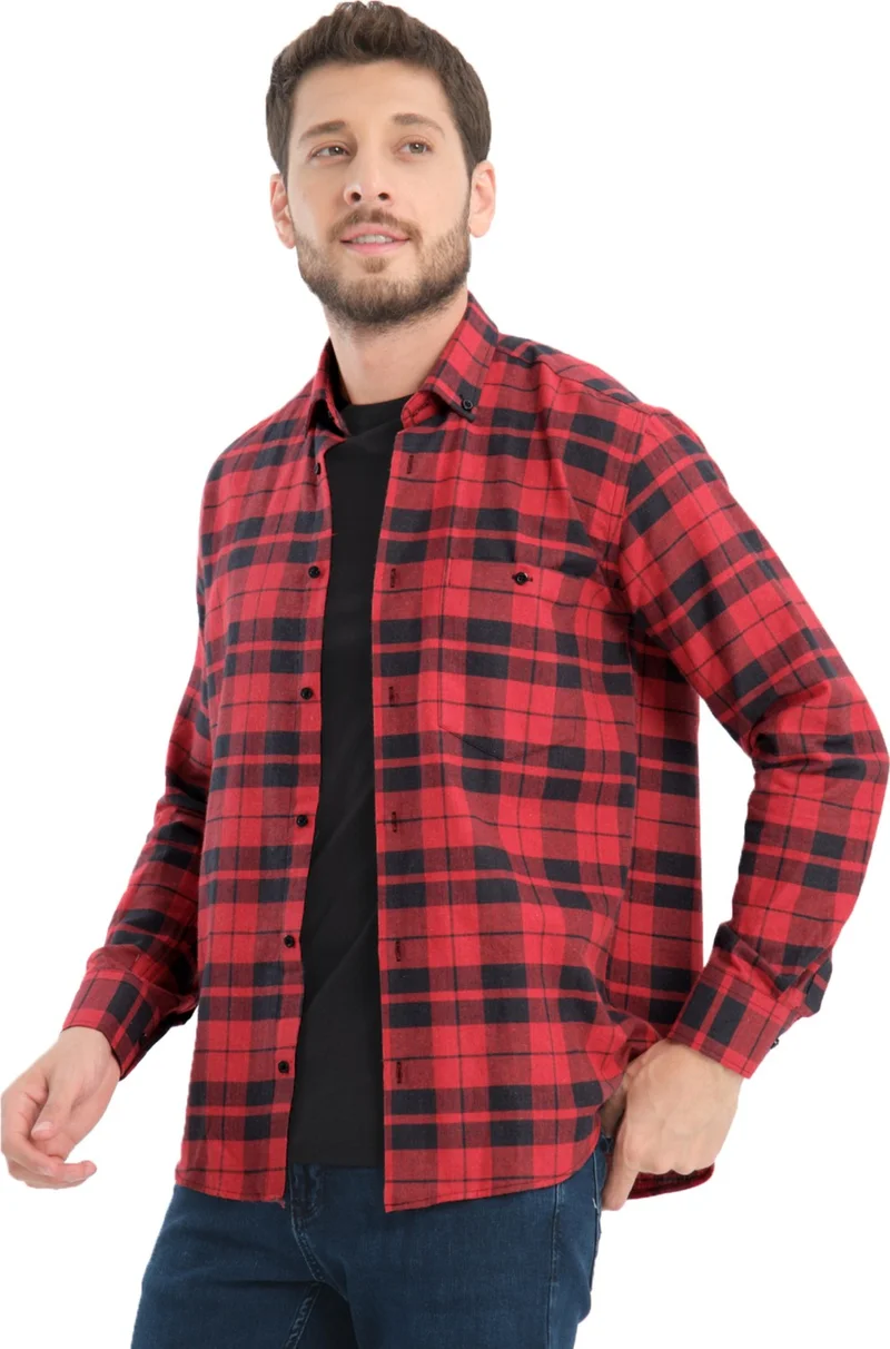 Varetta Men's Dark Red Checkered Winter Woolen Pocket Wide Cut Shirt