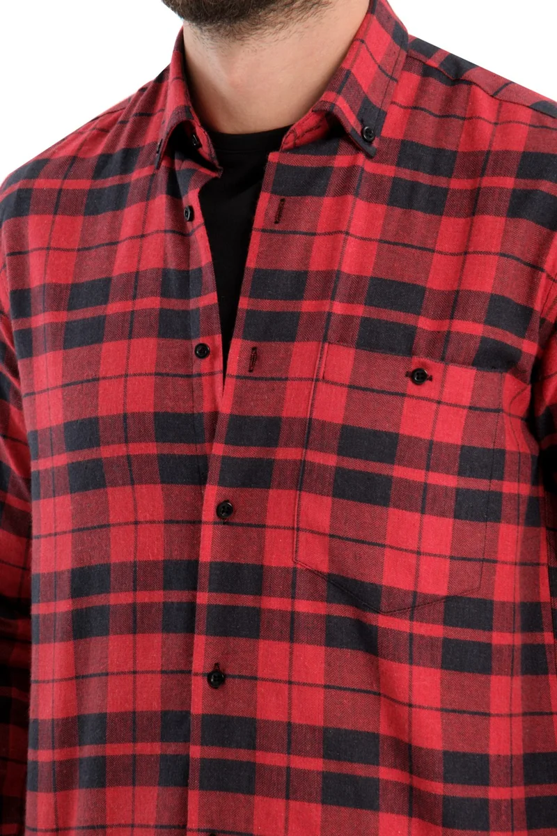 Varetta Men's Dark Red Checkered Winter Woolen Pocket Wide Cut Shirt