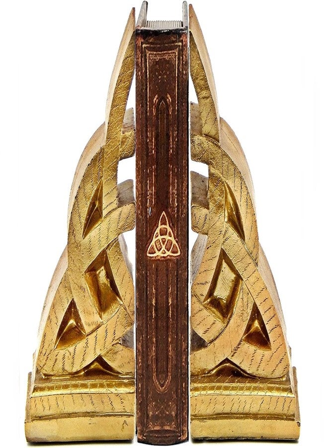 Bellaa 21787 Decorative Bookends Golden Celtic Knot Triquetra Irish Theme Mystical Design Endless Celts Symbol 8 Inch Book Ends - Image 2
