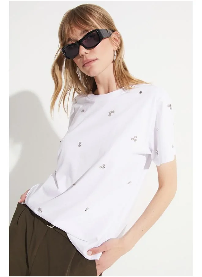 JUNE June Stone Detailed T-Shirt White