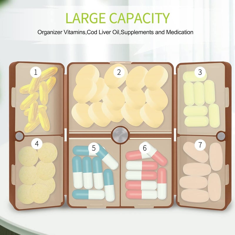 FYY 7 Day Pill Box Organiser, Travel Pill Case, [Folding Design][Large Capacity] Portable Pill Dispenser Container for Vitamins, Cod Liver Oil, Supplements, Medication Brown - Image 2
