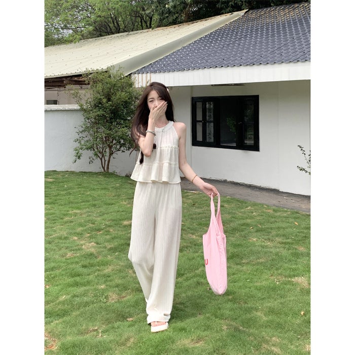 Elegant Korean Style Round Neck Sleeveless Top High Waist Loose Casual Straight Pants Two-piece Set for Women Dusty Blue - Image 2