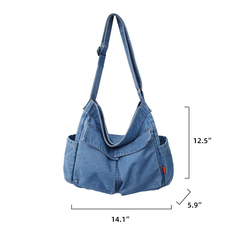 Denim Shoulder Bag Casual Style Lightweight Retro Travel Shopper Crossbody Handbag for Teen Girls Women - Image 4