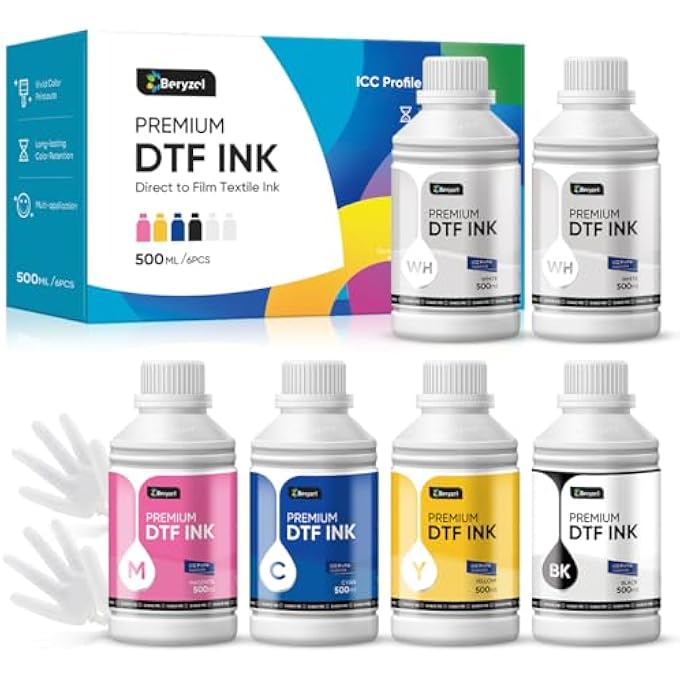 PREMIUM DTF INK 500ML X 6, DTF TRANSFER INK CONVERSION KIT, REFILL FOR DTF PRINTERS EPSON ET-8550, XP-15000, L1800, L805, R1390, R2400, DX7, HEAT TRANSFER PRINTING DIRECT TO FILM(CMYK + 2WH) - Image 1