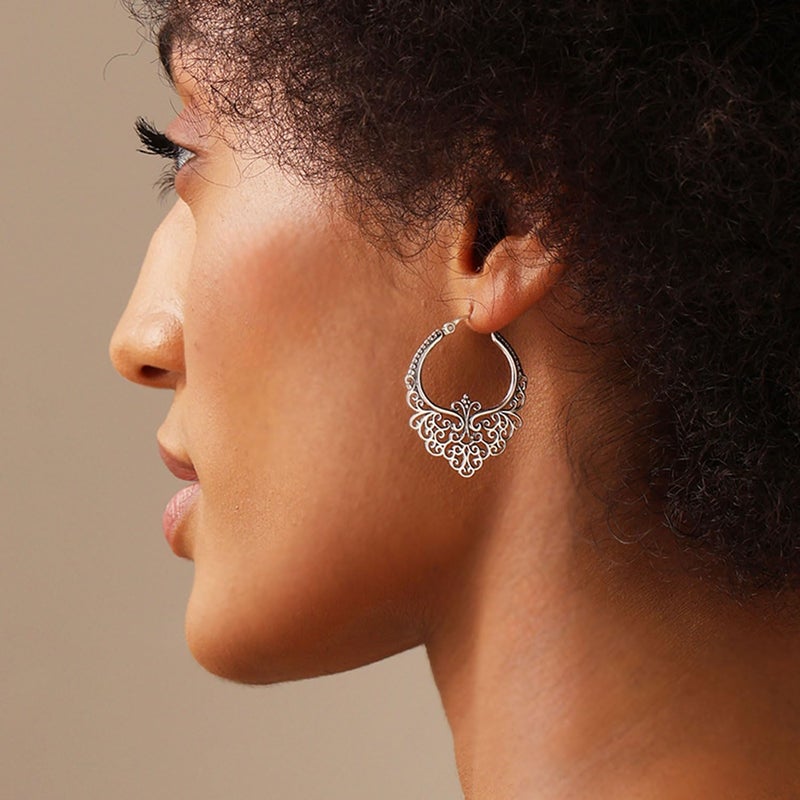 LeCalla 925 Sterling Silver Hoop Earrings Medium Large Antique Oval Filigree Hoops Earring for Women - 35MM - Image 2