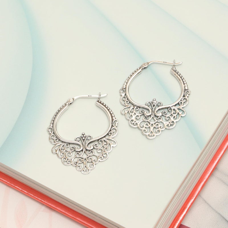 LeCalla 925 Sterling Silver Hoop Earrings Medium Large Antique Oval Filigree Hoops Earring for Women - 35MM - Image 5