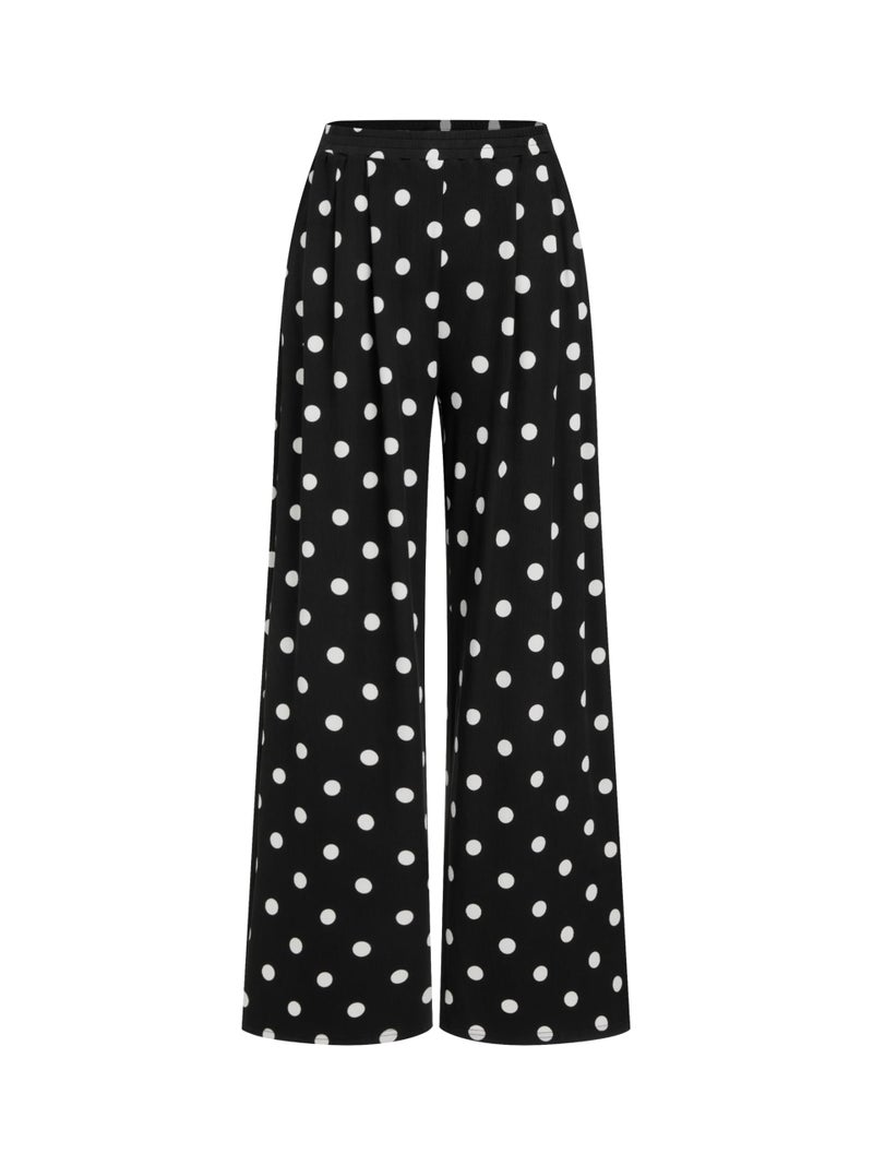 CIDER Polka Dot Palazzo Pants for Women Wide Leg Flowy Pants with Pockets Elastic Mid Waist Summer Beach Vacation Outfits - Image 1