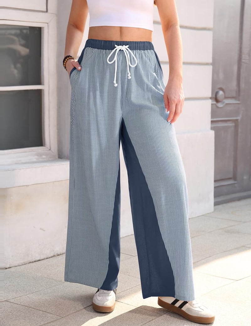 TARSE Womenâ€™s Linen Wide Leg Pants Striped Drawstring Elastic Waist Loose Fit Summer Boho Casual Trendy Pants with Pockets(LightNavy, L) - Image 1