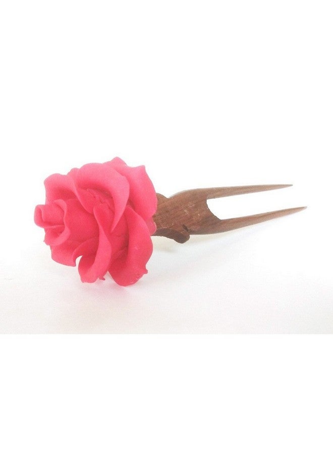 Unique Indian Crafts Handmade Artificial Jewelry Porcelain Dough Rose Flower Juda Pin/Handmade Brown Wooden Juda Pin with Wooden/Juda Pin Set For women girls hair accessories/for women/girls