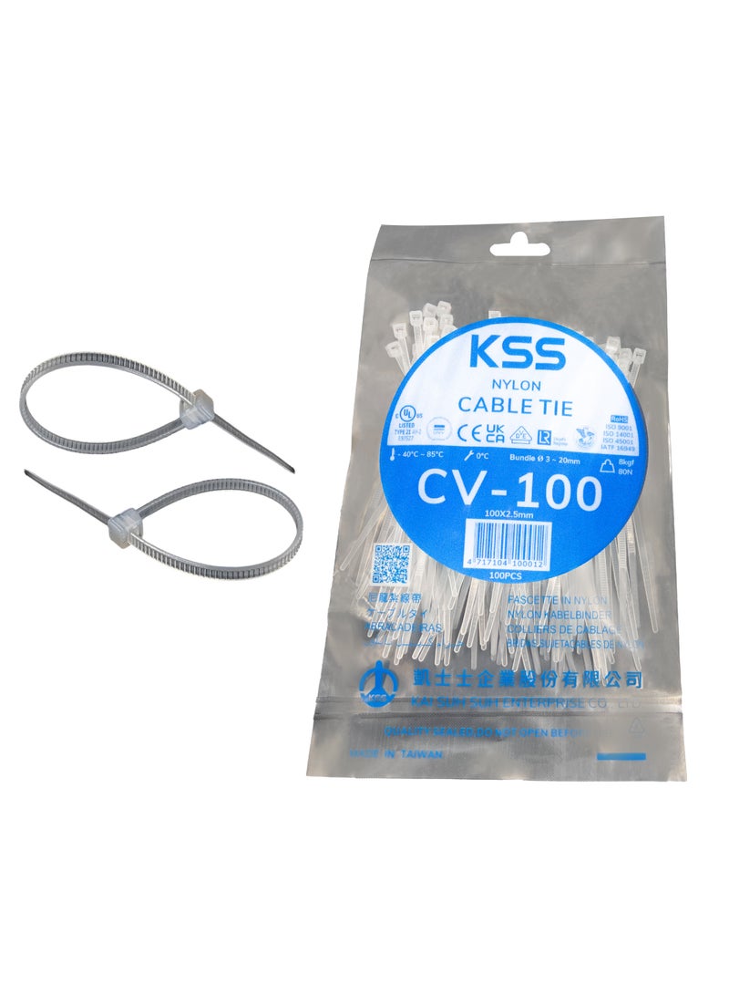 KSS Cable Ties, 100 Pieces / Pack, UL Approved Nylon 66, Self-Locking Cable Ties, 94V-2, Heat Resistant up to 85℃, Low Smoke & Halogen-Free, for DIY, Industrial use – 100 Pack - Natural Color - Image 1