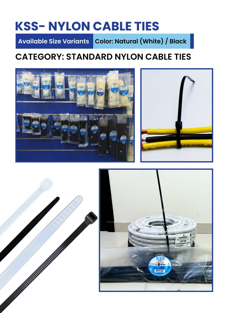 KSS Cable Ties, 100 Pieces / Pack, UL Approved Nylon 66, Self-Locking Cable Ties, 94V-2, Heat Resistant up to 85℃, Low Smoke & Halogen-Free, for DIY, Industrial use – 100 Pack - Natural Color - Image 2