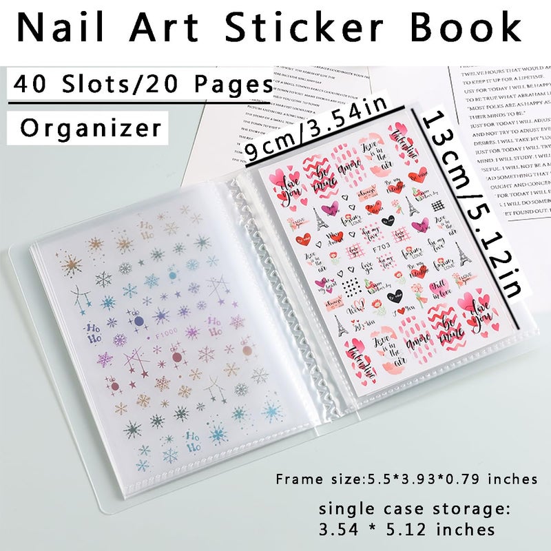 Fcozpjk 1Pcs 40 Slots Transparent Stickers Storage Book, Nail Sticker Organizer for Decals Collecting, Empty Display Book Collecting Holder Binder Case, Sticker Storage Album DIY Nail Art Tools - Image 2