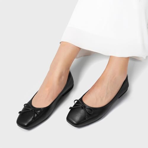 ATHMILE Womens Ballet Flats with Bow Ballerina Closed Square Toe Slip on Square Toe Comfortable Flats Shoes for Women Dressy Causal 2026 Fashion Size 611 Black - Image 3