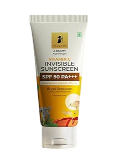 واقي الشمس غير المرئي بفيتامين C من Pilgrim SPF 50 PA+++ للنساء والرجال مع البرقوق الأسترالي كاكادو | طيف واسع، | جميع أنواع البشرة | 45 مل