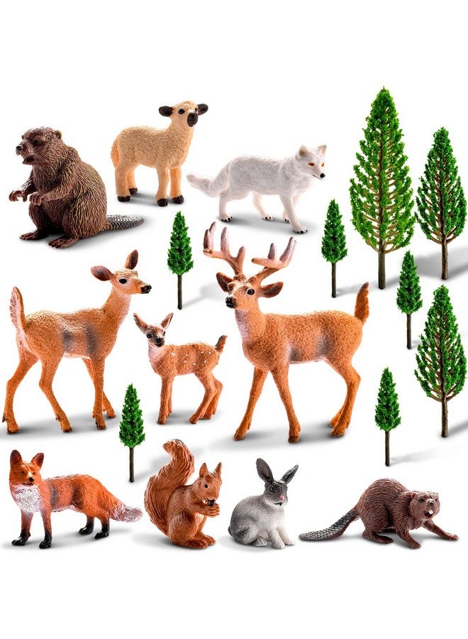 Sumind 18 Pcs Forest Animals Figurines Woodland Animals Toys Model Trees Kit Miniature Plastic Toys Realistic Wild Forest for Cake Toppers Birthday Party Favor(Forest Animals) - Image 1