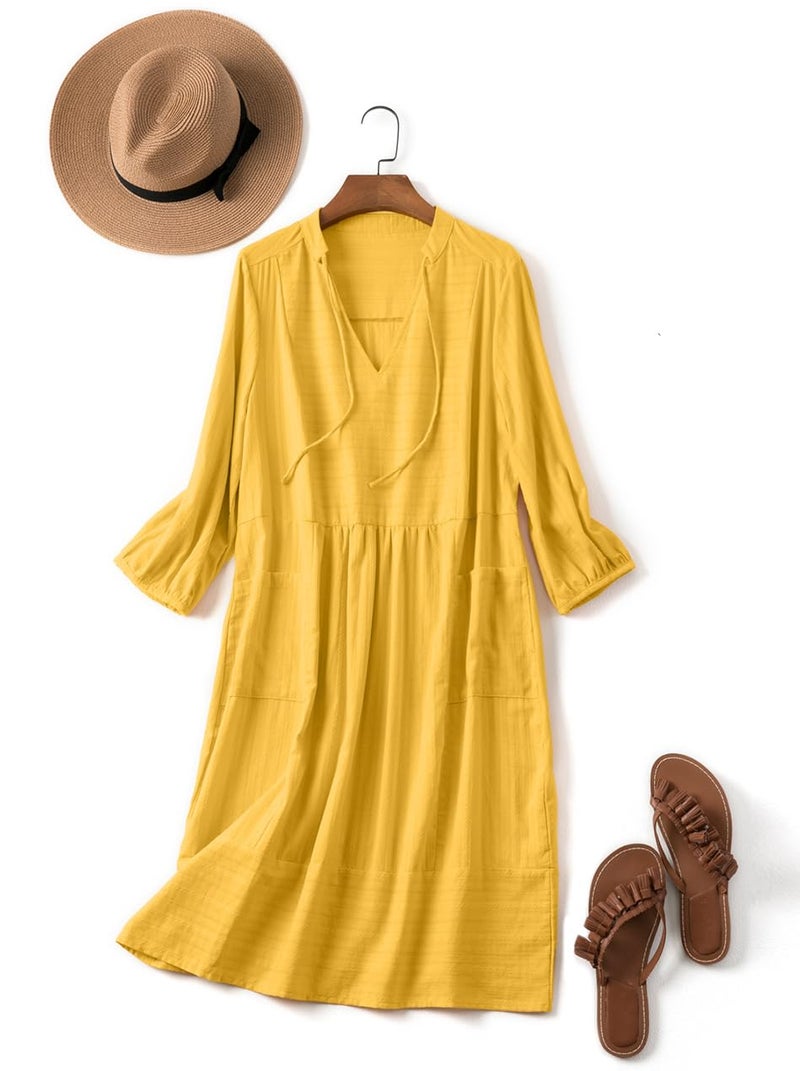 Lafural Womens V Neck Cotton Casual Loose Shift Tunic Smock Summer Dresses Vacation Dress 3/4 Sleeve Pocket Yellow 2XL - Image 3