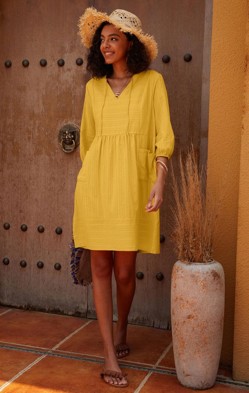 Lafural Womens V Neck Cotton Casual Loose Shift Tunic Smock Summer Dresses Vacation Dress 3/4 Sleeve Pocket Yellow 2XL - Image 4