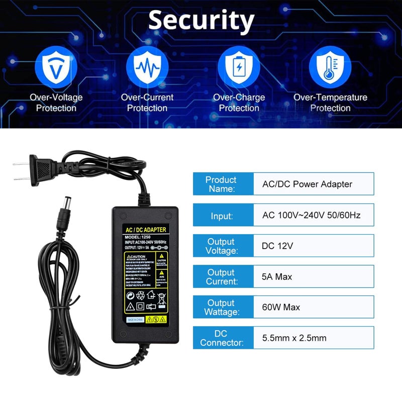 WZHENB Power Adapter 12V 5A 4A 3A 2.5A 2A 1A AC DC Power Supply Cord Cable 5.5x2.1mm for Sceptre EC Series Monitor,ONN,AOC,Dell,Webcam, Router, Projector, CCTV, Speakers & More 12v 5a Monitor Charger - Image 5