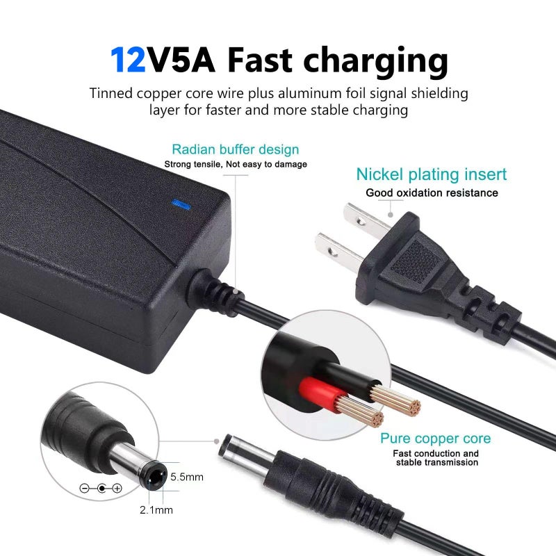 WZHENB Power Adapter 12V 5A 4A 3A 2.5A 2A 1A AC DC Power Supply Cord Cable 5.5x2.1mm for Sceptre EC Series Monitor,ONN,AOC,Dell,Webcam, Router, Projector, CCTV, Speakers & More 12v 5a Monitor Charger - Image 2