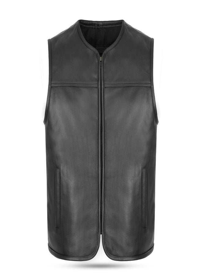 Leatherick Men's Genuine Cowhide Leather Motorcycle Vest - Classic Biker Vest with Front Zip for Comfort and Timeless Style, black, M - Image 2
