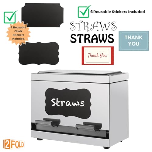 2Fold Stainless Steel Straw Dispenser - Drinking Straw Holder For Bulk Unwrapped Paper and Disposable Plastic Straws - Includes Custom Label Stickers (Stainless) - Image 2