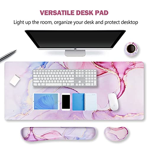 ARTSO Large Gaming Mouse Pad, Keyboard Wrist Rest Pad & Wrist Support Mousepad Set, Stitched Edge, Extended, Non-Slip Base, Memory Foam,Multifunctional Desk Mat for Office & Home, Purple Pink Marble - Image 5