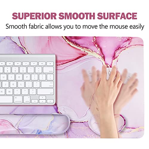 ARTSO Large Gaming Mouse Pad, Keyboard Wrist Rest Pad & Wrist Support Mousepad Set, Stitched Edge, Extended, Non-Slip Base, Memory Foam,Multifunctional Desk Mat for Office & Home, Purple Pink Marble - Image 2