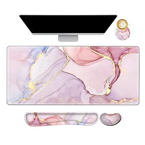 ARTSO Large Gaming Mouse Pad, Keyboard Wrist Rest Pad & Wrist Support Mousepad Set, Stitched Edge, Extended, Non-Slip Base, Memory Foam,Multifunctional Desk Mat for Office & Home, Purple Pink Marble - Image 1