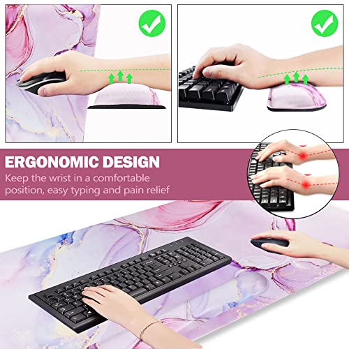 ARTSO Large Gaming Mouse Pad, Keyboard Wrist Rest Pad & Wrist Support Mousepad Set, Stitched Edge, Extended, Non-Slip Base, Memory Foam,Multifunctional Desk Mat for Office & Home, Purple Pink Marble - Image 4