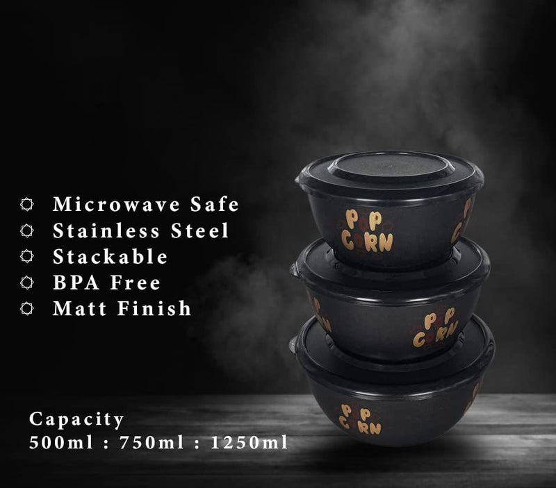Zaib Microwave Safe Stainless Steel Food Storage Container with Lid | Euro Mixing Bowl Set for Kitchen | 500ml, 800ml, 1250ml | Pack of 3 | BPA-Free (3 Classic Popcorn) - Image 5