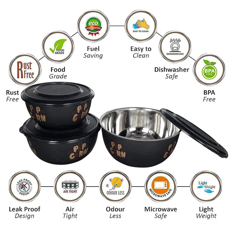 Zaib Microwave Safe Stainless Steel Food Storage Container with Lid | Euro Mixing Bowl Set for Kitchen | 500ml, 800ml, 1250ml | Pack of 3 | BPA-Free (3 Classic Popcorn) - Image 2