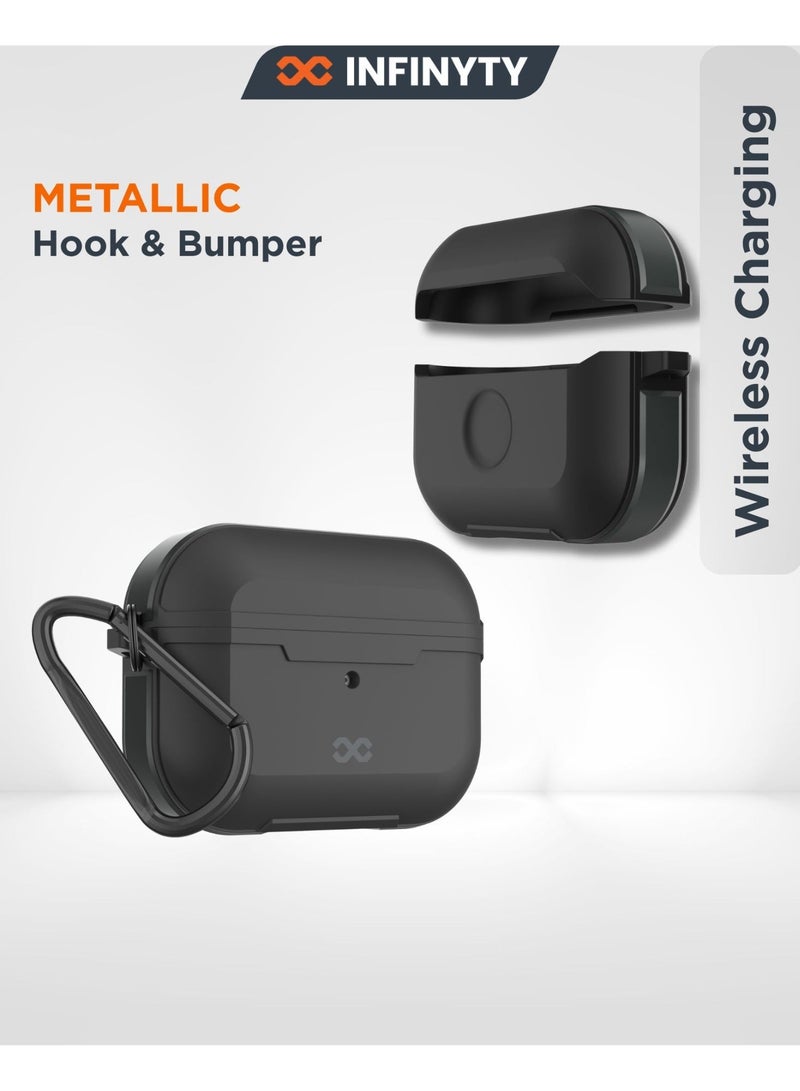 INFINYTY AirPods Pro 2 Case with Titanium Metal Edges – Gravix (Black), 1.5m Drop-tested, Sleek Elegant Design, Precision Fit, Shock Absorption, Wireless Charging Compatible, Includes Metal Hook - Image 1