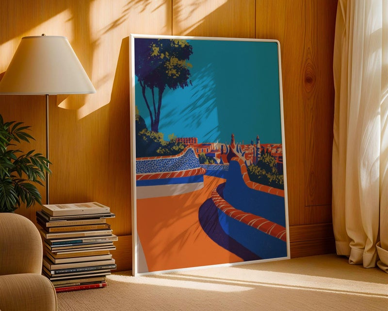 TNESSENTIAL Park Guell Wall Art Print: Barcelona Travel Poster – Gaudi Mosaic Cityscape - Image 1