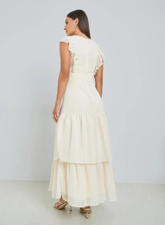 Styli  Cream Dobby Tiered Maxi Dress for Women | Best Price UAE