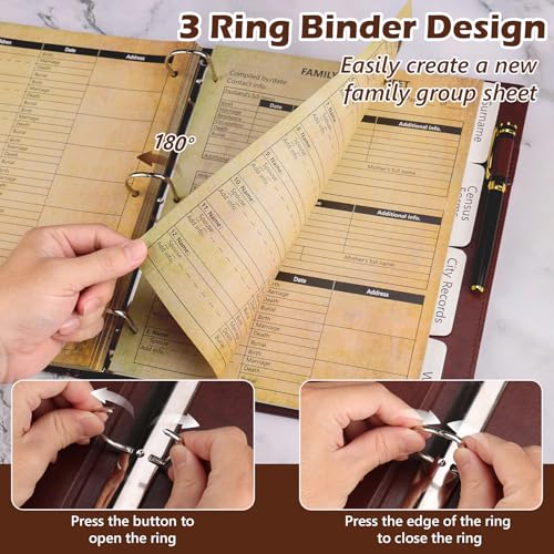 MSHUNKEJI 3 Ring Family History Binder 50 Sheet 12th Generation Family Group Sheets 16 Sheets Genealogy Binder Dividers Family Tree Charts to Fill in with PVC Pocket Pen Loop Brown - Image 4