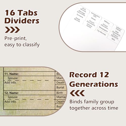 MSHUNKEJI 3 Ring Family History Binder 50 Sheet 12th Generation Family Group Sheets 16 Sheets Genealogy Binder Dividers Family Tree Charts to Fill in with PVC Pocket Pen Loop Brown - Image 5