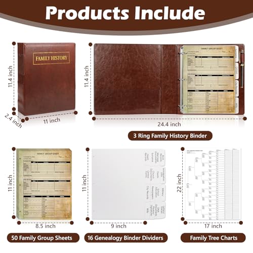 MSHUNKEJI 3 Ring Family History Binder 50 Sheet 12th Generation Family Group Sheets 16 Sheets Genealogy Binder Dividers Family Tree Charts to Fill in with PVC Pocket Pen Loop Brown - Image 2