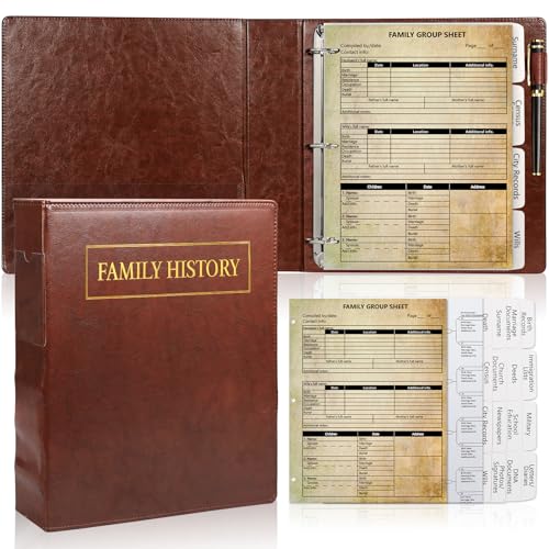 MSHUNKEJI 3 Ring Family History Binder 50 Sheet 12th Generation Family Group Sheets 16 Sheets Genealogy Binder Dividers Family Tree Charts to Fill in with PVC Pocket Pen Loop Brown - Image 1