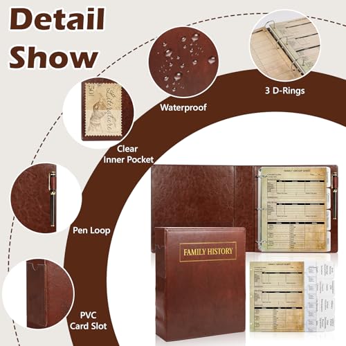 MSHUNKEJI 3 Ring Family History Binder 50 Sheet 12th Generation Family Group Sheets 16 Sheets Genealogy Binder Dividers Family Tree Charts to Fill in with PVC Pocket Pen Loop Brown - Image 3