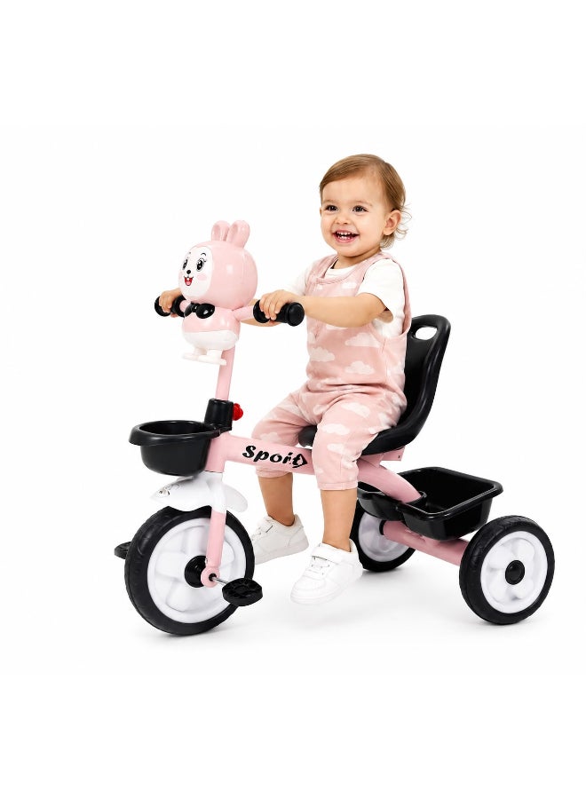 Toy Land Kids Tricycle with Music & Lights,Safety Seat Belt, Steel Frame, Rear Storage Basket-pink - Image 1