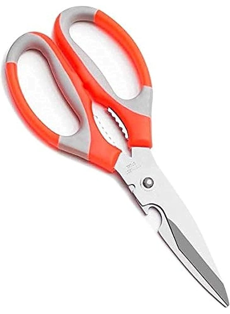 Generic Kitchen Shears – Heavy-Duty Stainless-Steel Multipurpose Scissors with Non-Slip Soft Grip, Serrated Blade, Nut/Crab Cracker & Bottle Opener – Orange/Grey – 1pcs - Image 1
