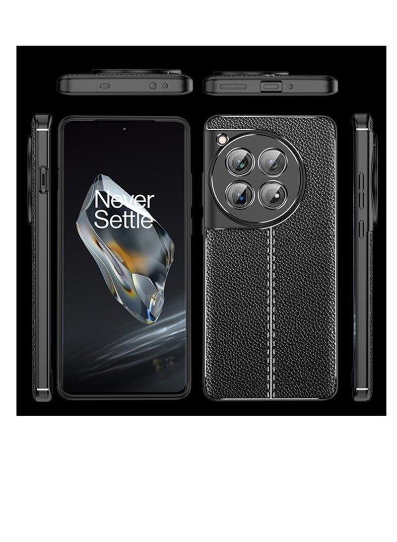 OnePlus 12 Carbon Fiber Protective Case Cover with Litchi Pattern, Shockproof TPU, Anti-Slip, Ultra-Thin, Shock Absorption - Black  - Image 1