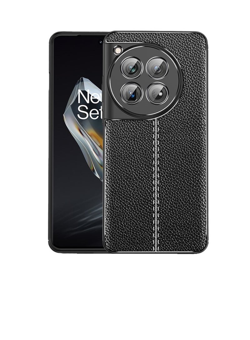 OnePlus 12 Carbon Fiber Protective Case Cover with Litchi Pattern, Shockproof TPU, Anti-Slip, Ultra-Thin, Shock Absorption - Black  - Image 2