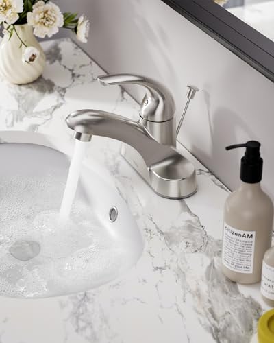 WOWOW Bathroom Faucet 1 Handle Low Arc Single Handle 4 inch Centerset Bathroom Sink Faucet with Pop Up Drain Assembly Basin Mixer Tap Brushed Nickel Vanity Faucets - Image 2