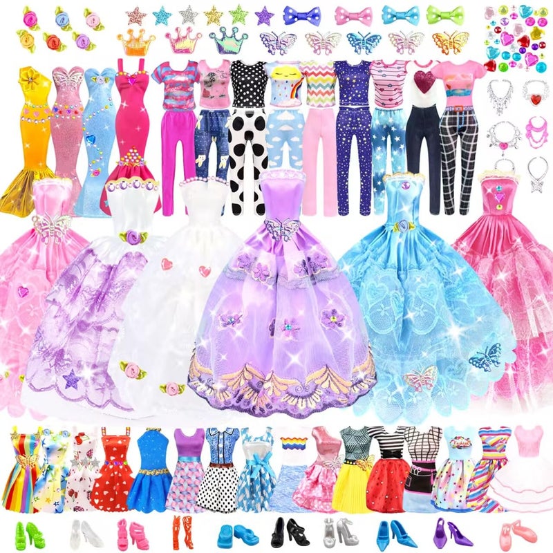 VLUSSO 75Pcs Doll Clothes and Accessories Fashion Design kit for 115 Inch Doll Dress Up Including 2 Wedding Gown Dresses 1 Fashion Dress 2 Party Dress 8 Mini Dresses 3 Tops and Pants 10 Shoes 6 Necklaces - Image 4