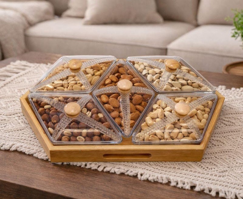 Generic 5-in-1 Acrylic Snack Serving Set with Bamboo Tray, Diamond-Shaped Containers, Hexagonal Design for Nuts and Snacks .db
