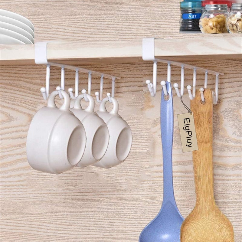 EigPluy 2pcs Mug Hooks Under Cabinet Cups Storage Hook Multifunction Self Adhesive Coffee Cups Holder Kitchen Utensil Ties Belts Scarf Hanging Rack,White - Image 1