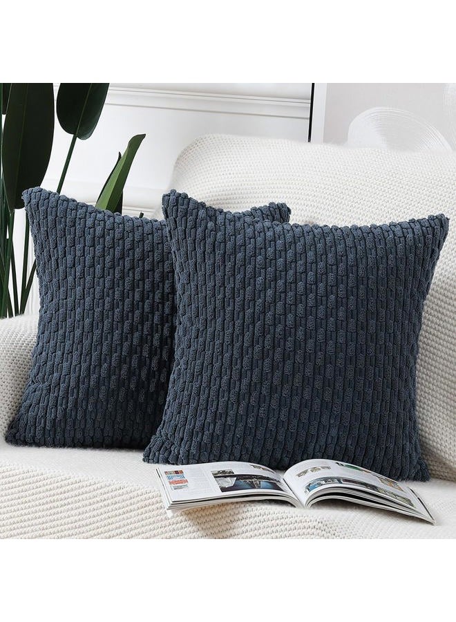 MADIZZ Pack of 2 Boho Striped Corduroy Throw Pillow Covers 22x22 Inch Dark Blue Soft Decorative Cushion Cover for Bedroom Sofa Pillow Shell - Image 1